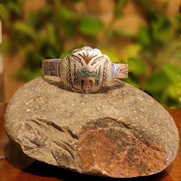 American Indian Coral & Turquoise Silver Bracelet - Picture 1 of 4